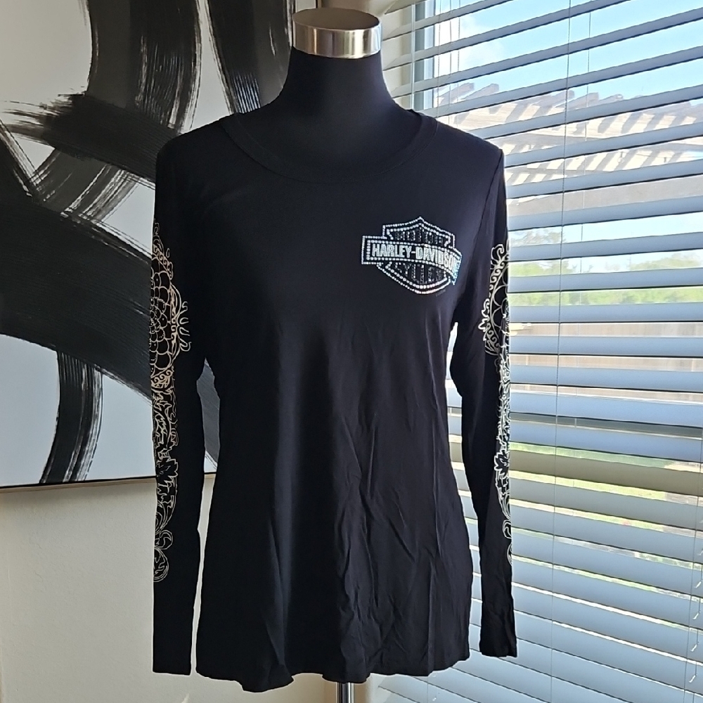Harley-Davidson Black Long Sleeve Tee with White-Silver Shield and Sleeve Design